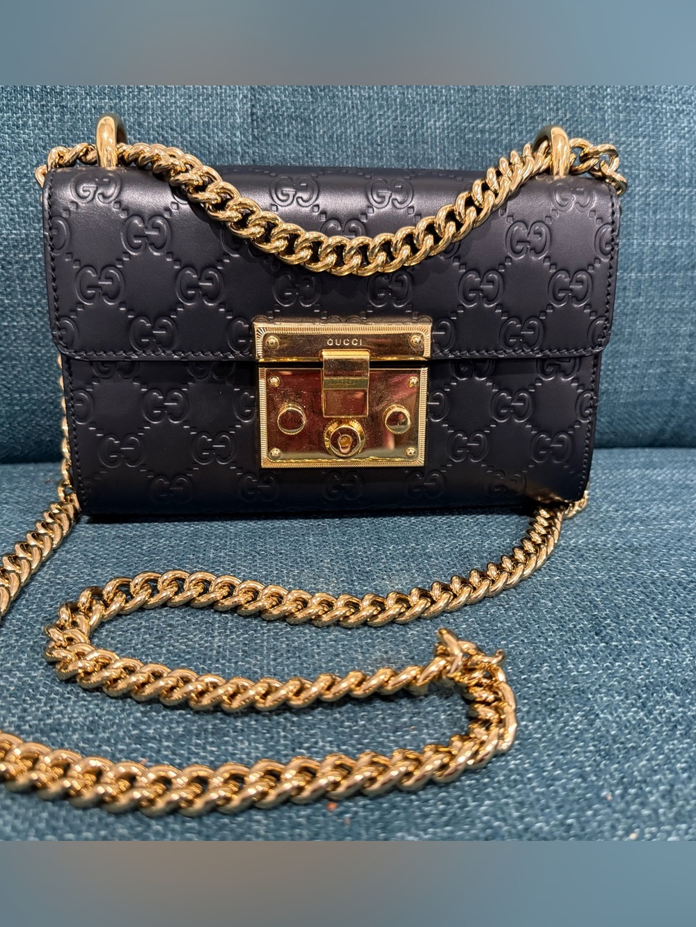 Gucci Black Padlock with Embossed Leather Crossbody with Gold Chain Lock